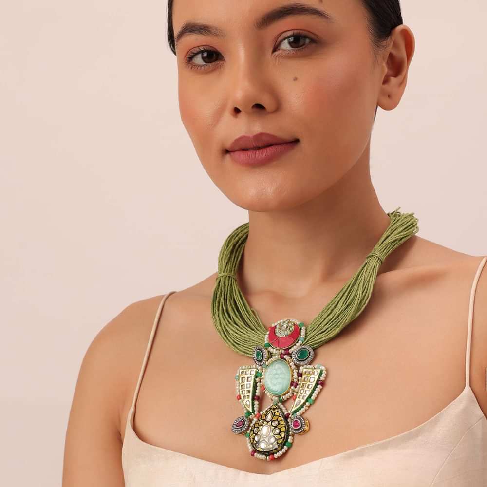 Green Jute Pendant Necklace With Studded Stones