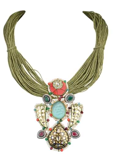 Green Jute Pendant Necklace With Studded Stones