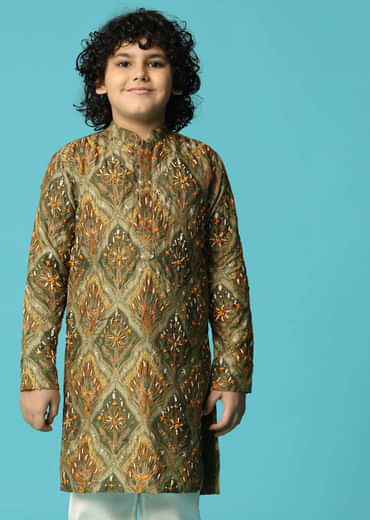 Green Kurta Pant With Resham Work For Boys
