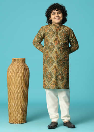 Green Kurta Pant With Resham Work For Boys