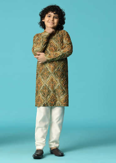 Green Kurta Pant With Resham Work For Boys