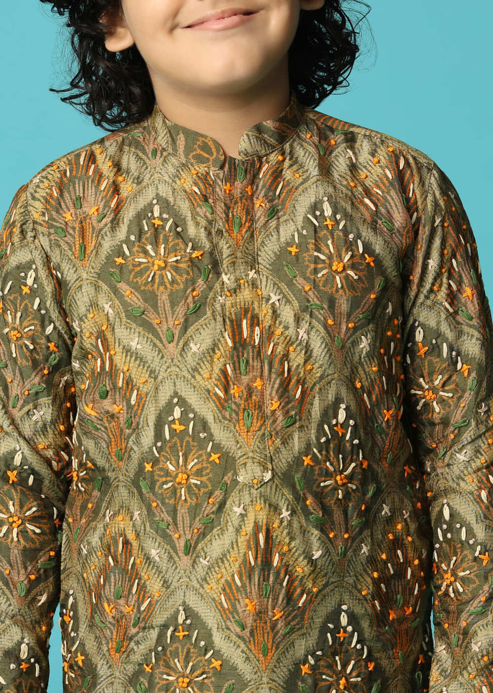 Green Kurta Pant With Resham Work For Boys