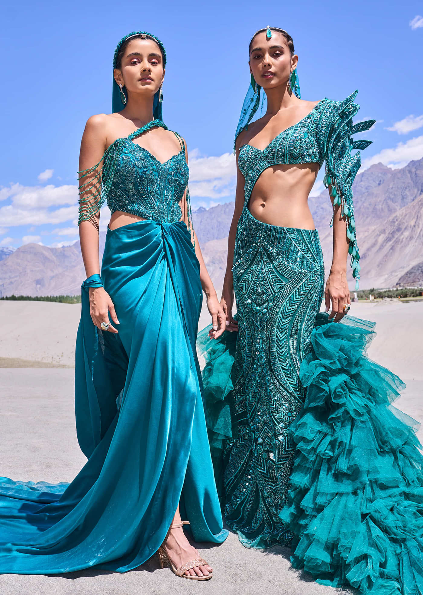 Green Mermaid Net Organza Fish Cut Gown