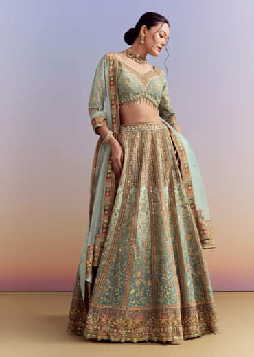 Green Ombre Crepe Printed Bridesmaid Lehenga With Heavy Hand Embroidery