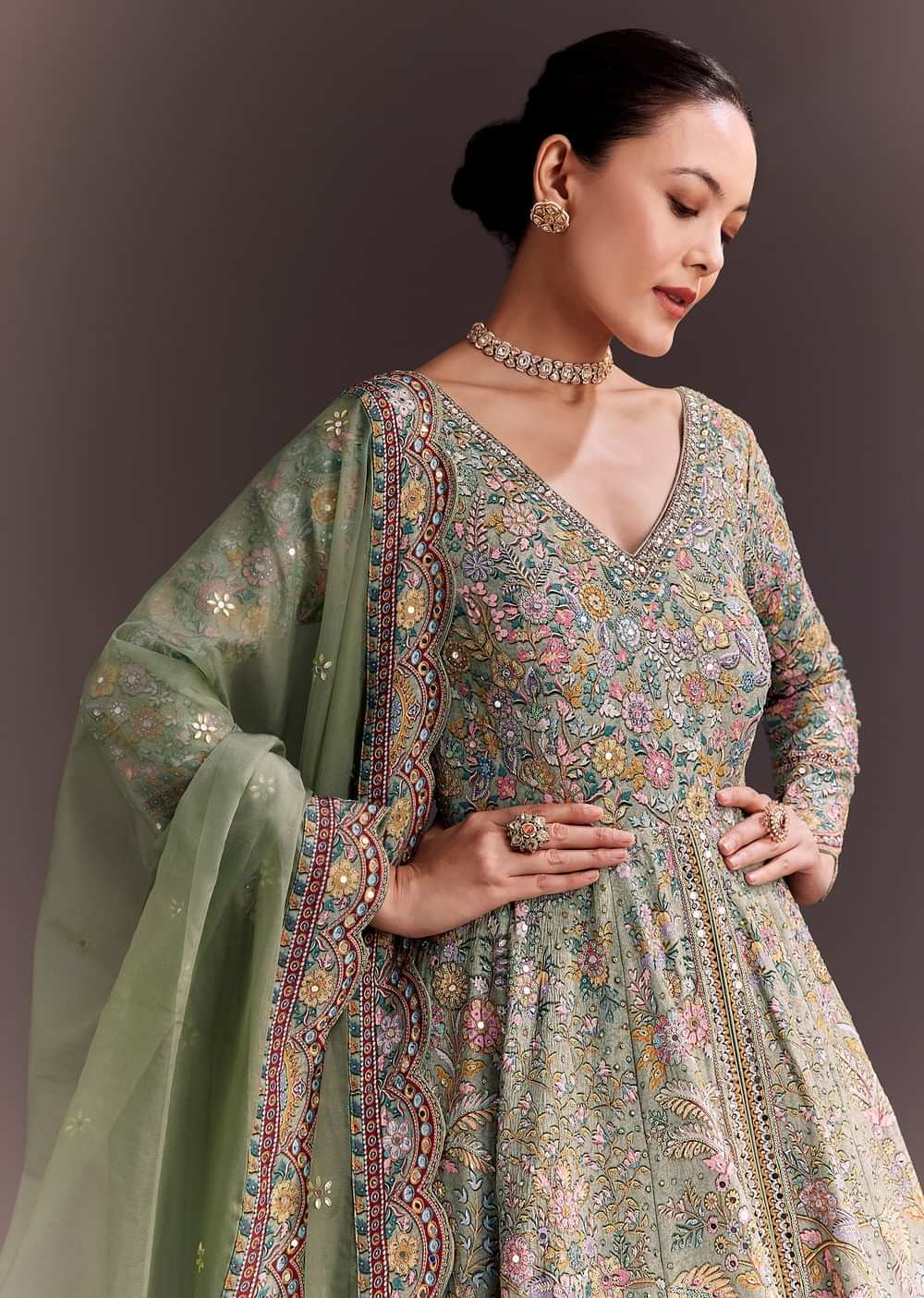 Green Ombre Embroidered Anarkali With Organza Dupatta