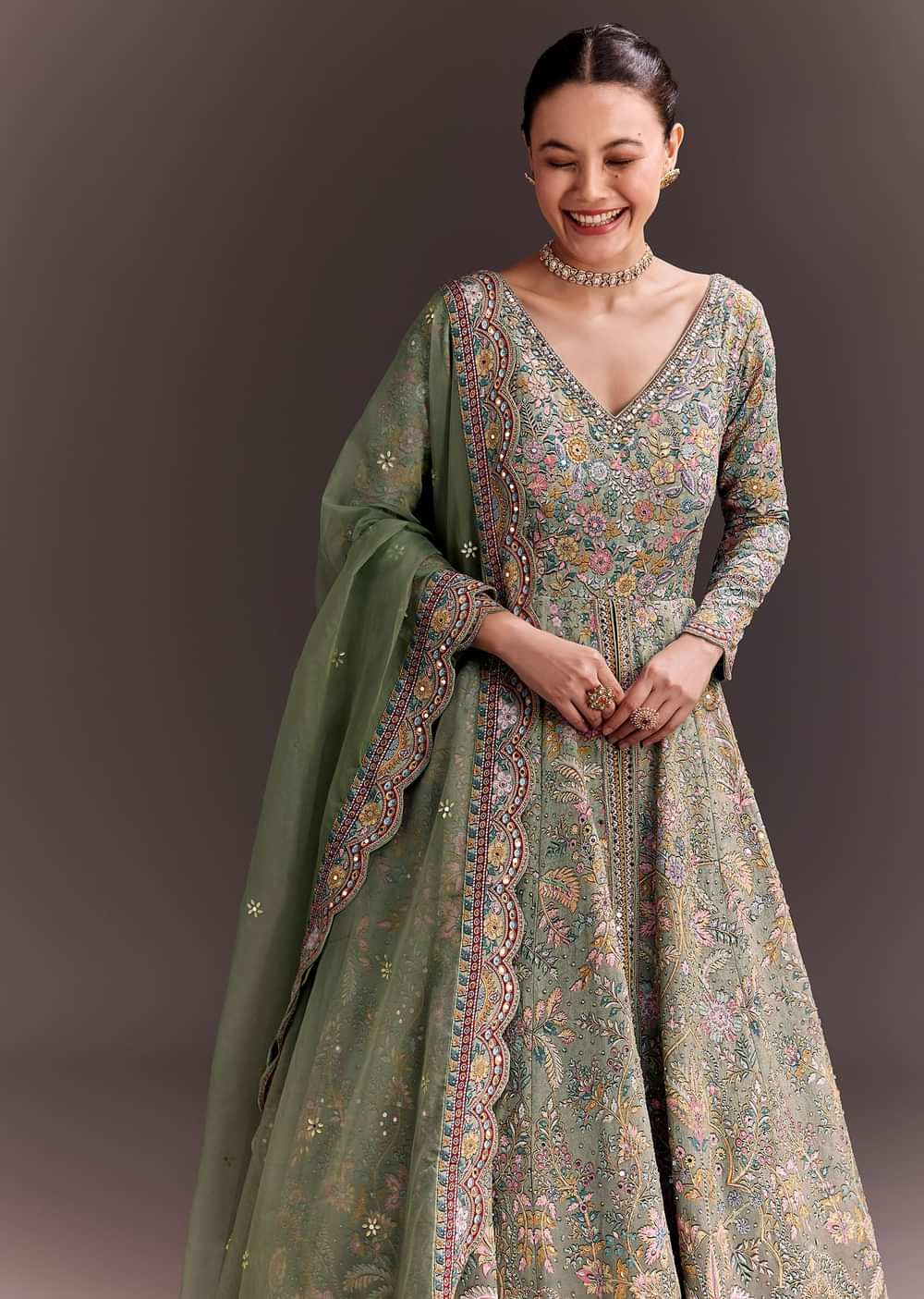 Green Ombre Embroidered Anarkali With Organza Dupatta
