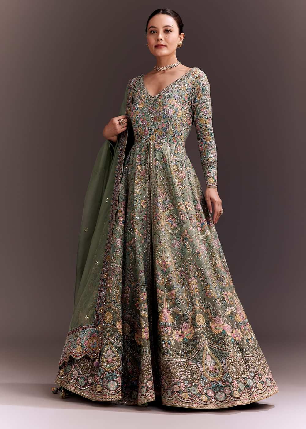 Green Ombre Embroidered Anarkali With Organza Dupatta