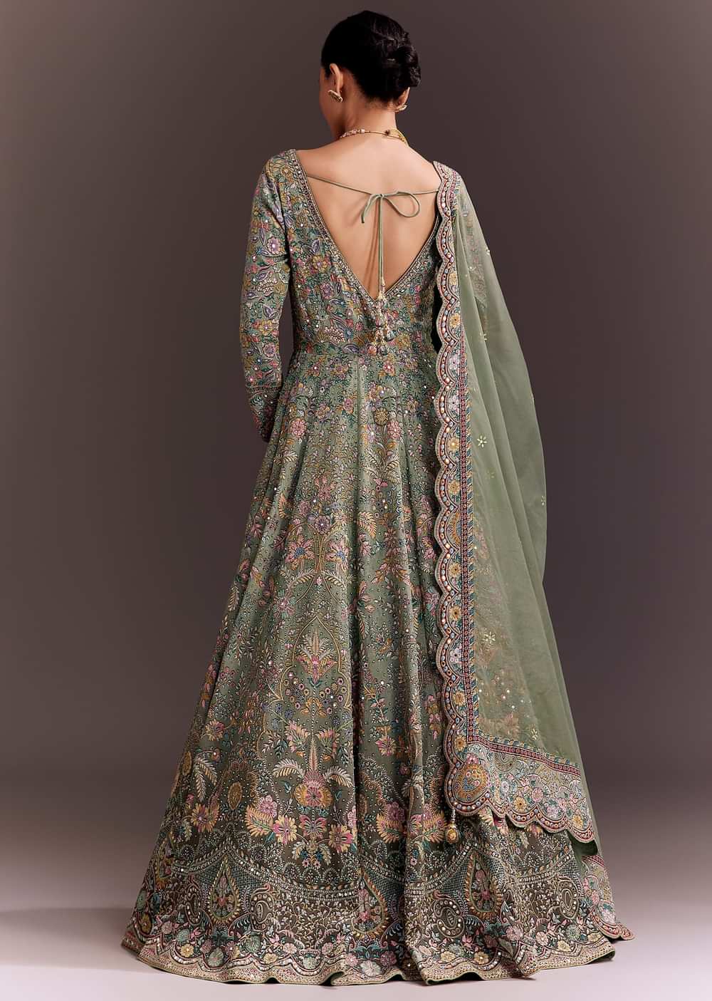 Green Ombre Embroidered Anarkali With Organza Dupatta