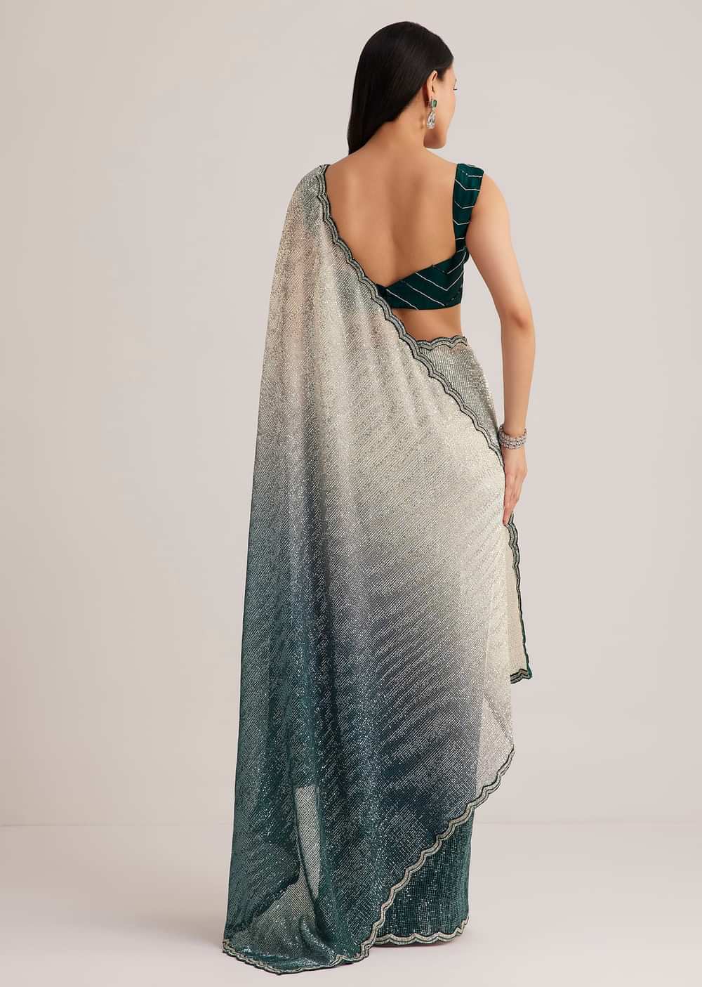 Green Ombre Saree With Sequins And Scallop Embroidery