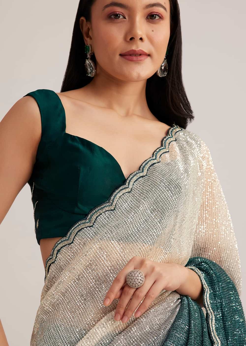 Green Ombre Saree With Sequins And Scallop Embroidery