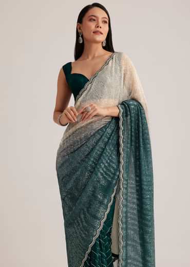 Green Ombre Saree With Sequins And Scallop Embroidery