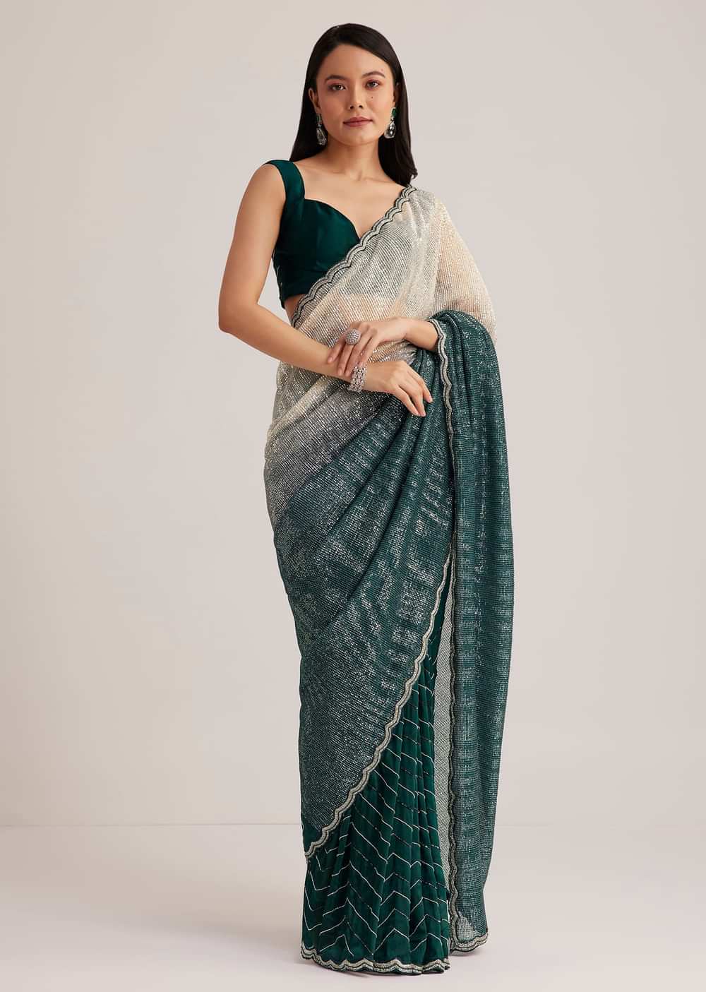 Green Ombre Saree With Sequins And Scallop Embroidery