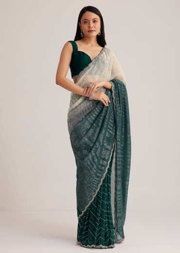 Green Ombre Saree With Sequins And Scallop Embroidery