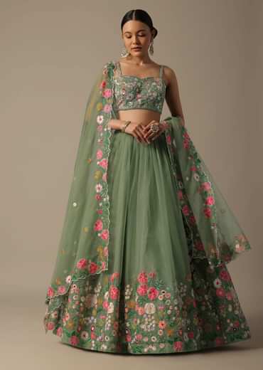Green Organza Embroidered Lehenga Set With Floral Motifs
