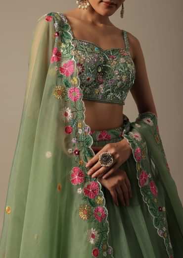 Green Organza Embroidered Lehenga Set With Floral Motifs