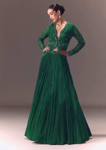 Green Organza Ruched Lehenga With Hand Embellished Jacket