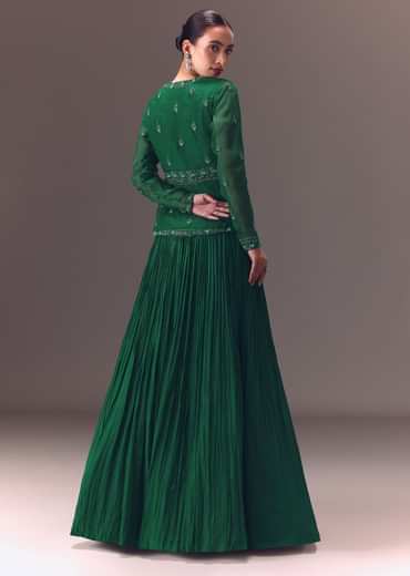Green Organza Ruched Lehenga With Hand Embellished Jacket