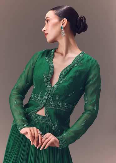 Green Organza Ruched Lehenga With Hand Embellished Jacket