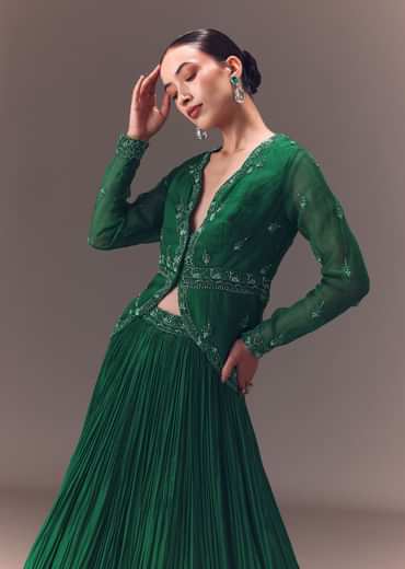 Green Organza Ruched Lehenga With Hand Embellished Jacket