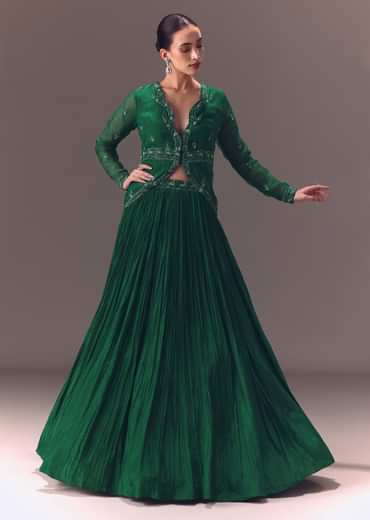 Green Organza Ruched Lehenga With Hand Embellished Jacket