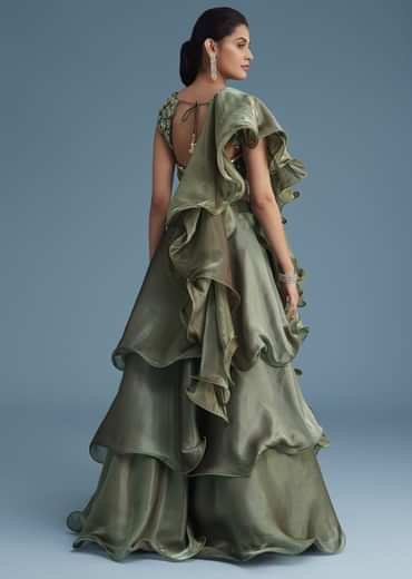 Green Organza Ruffle Lehenga Set With Embellished Blouse