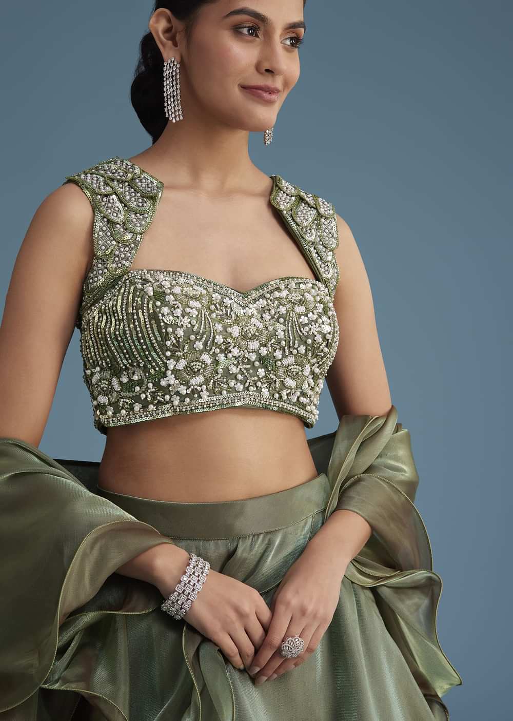 Green Organza Ruffle Lehenga Set With Embellished Blouse