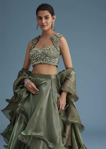 Green Organza Ruffle Lehenga Set With Embellished Blouse