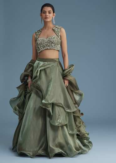 Green Organza Ruffle Lehenga Set With Embellished Blouse