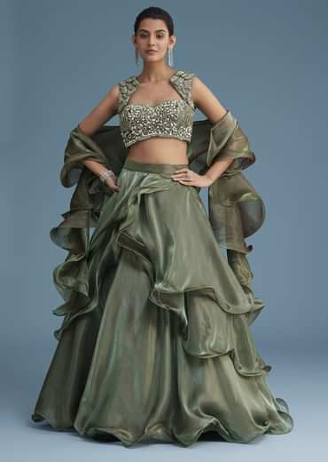 Green Organza Ruffle Lehenga Set With Embellished Blouse