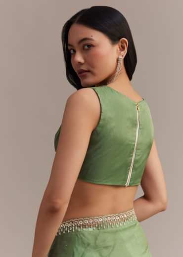 Green Organza Saree With Sequins And Cutdana Embellished Border