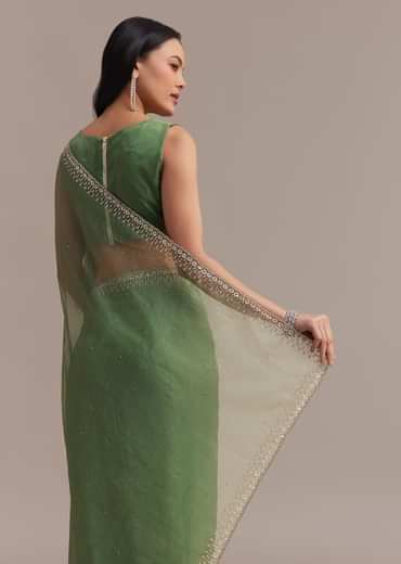 Green Organza Saree With Sequins And Cutdana Embellished Border