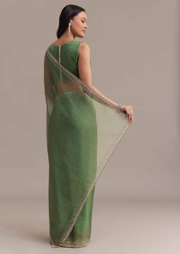 Green Organza Saree With Sequins And Cutdana Embellished Border
