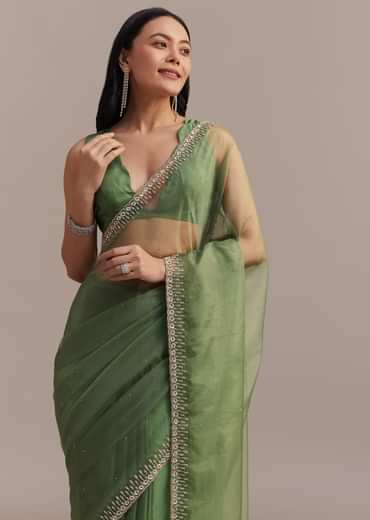 Green Organza Saree With Sequins And Cutdana Embellished Border