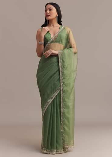 Green Organza Saree With Sequins And Cutdana Embellished Border