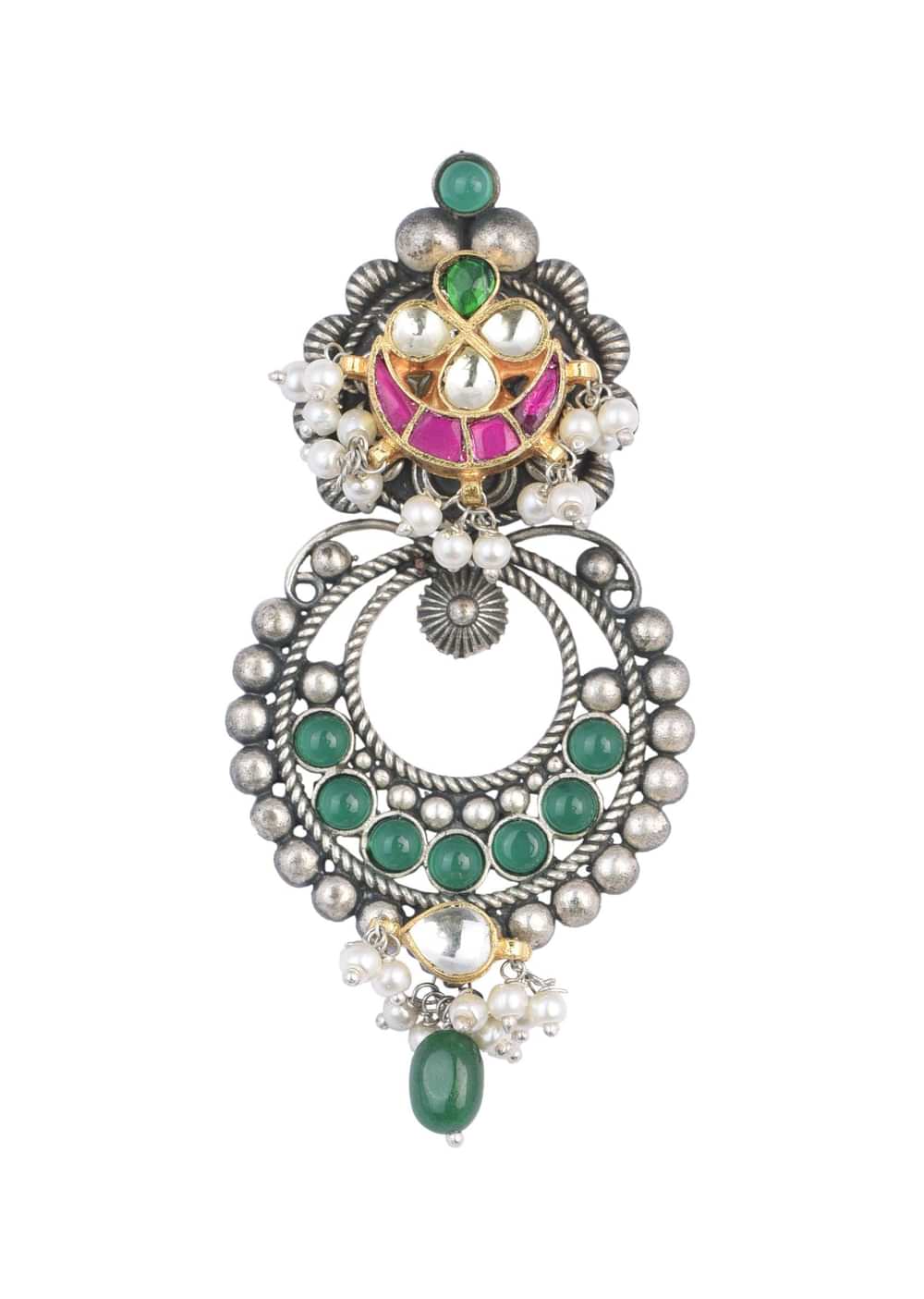 Green Oxidsed Earrings With Meenakari Detail And Floral Top