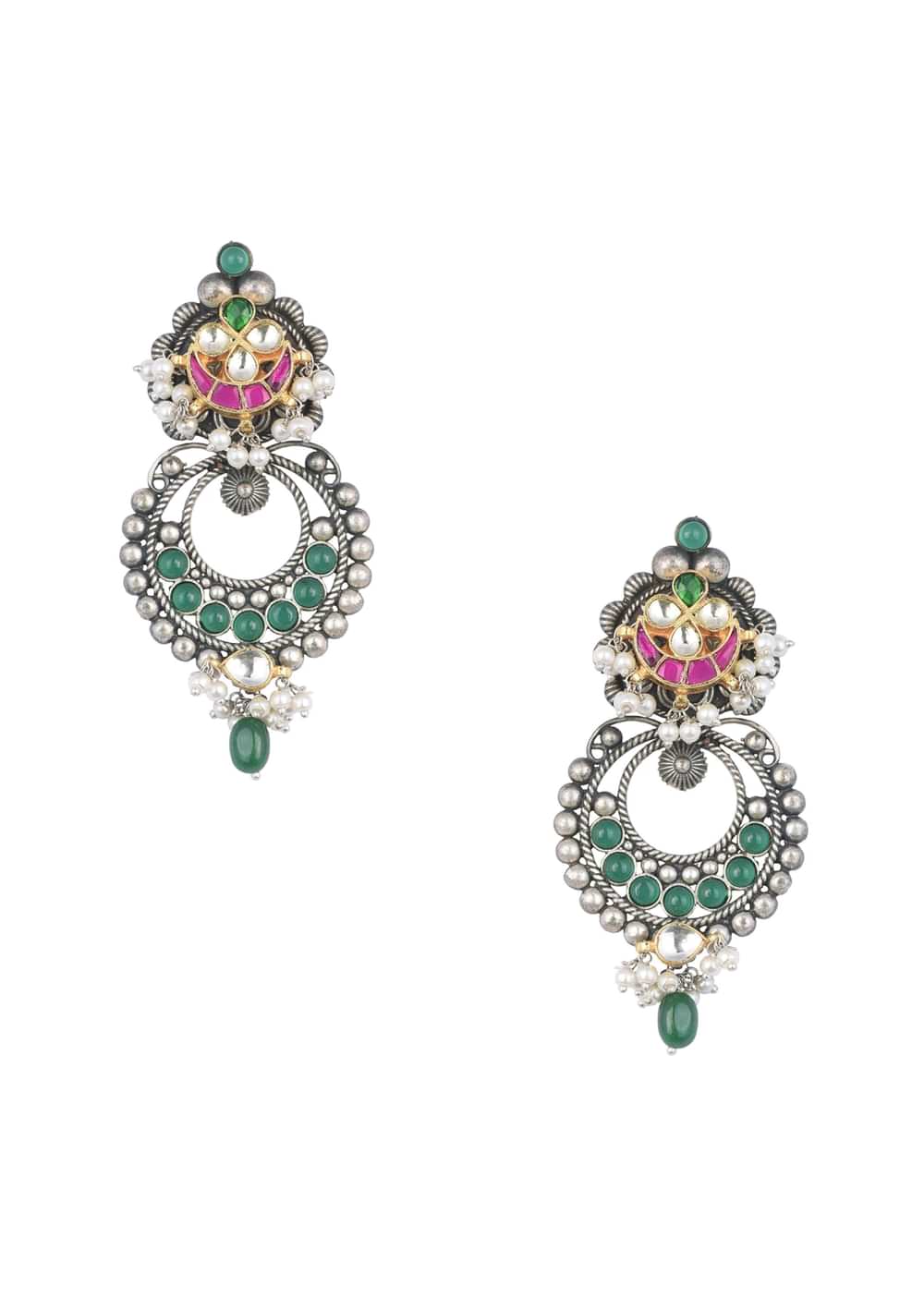 Green Oxidsed Earrings With Meenakari Detail And Floral Top