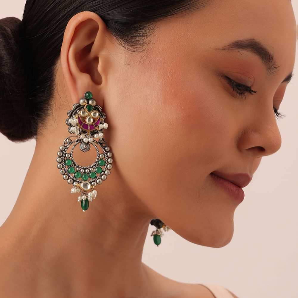Green Oxidsed Earrings With Meenakari Detail And Floral Top