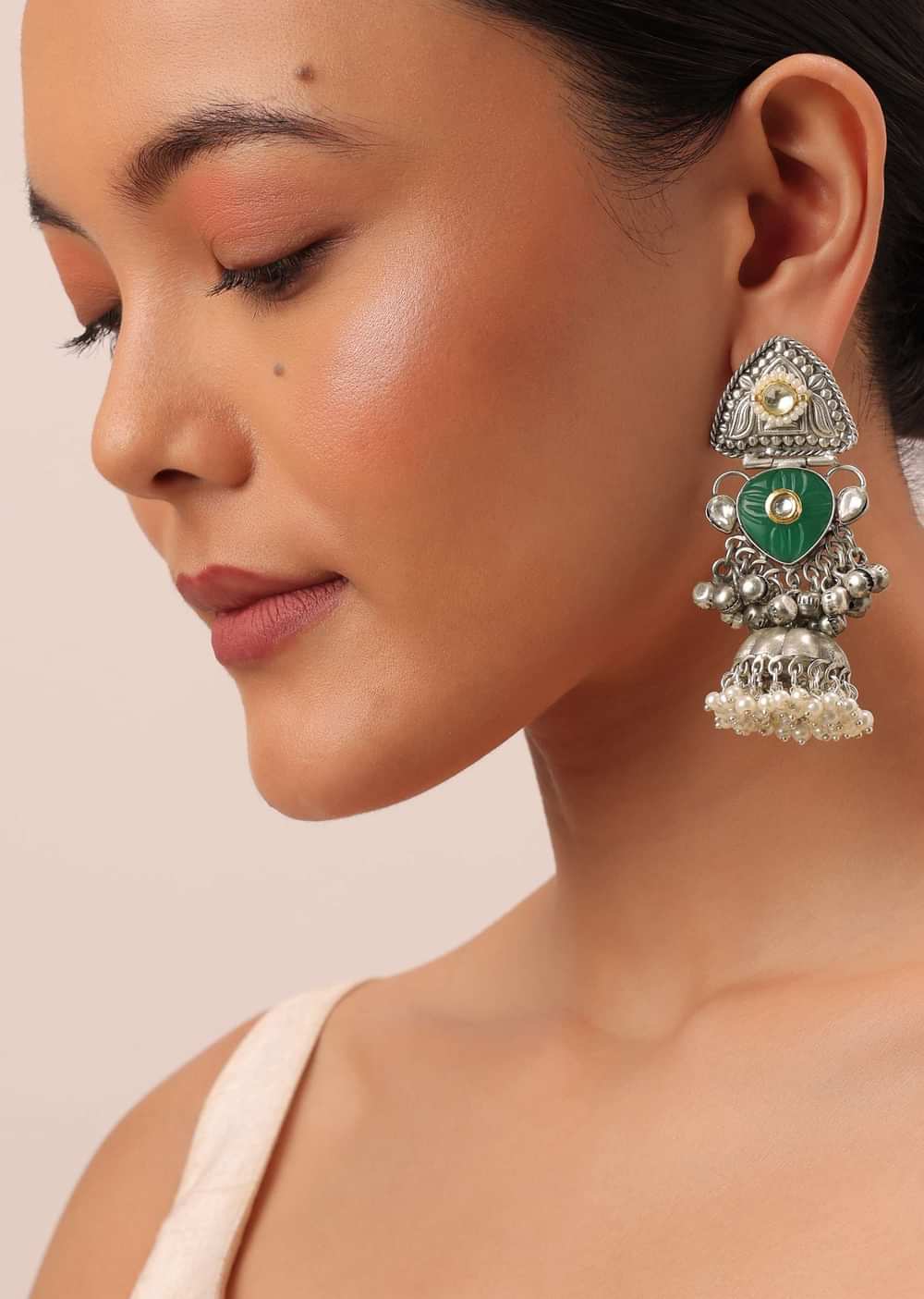 Green Oxidsed Jhumkas With Meenakari Work