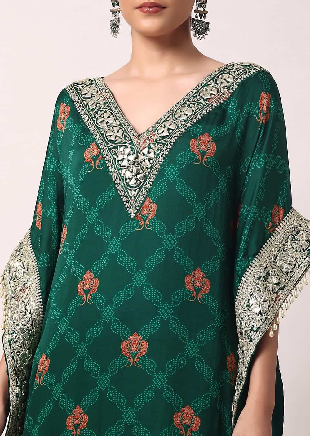 Green Pant Set With Gota Embroidered Kaftan Kurta