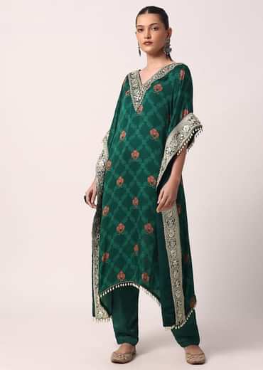 Green Pant Set With Gota Embroidered Kaftan Kurta