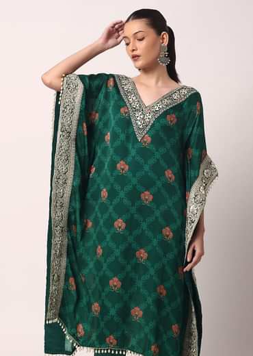 Green Pant Set With Gota Embroidered Kaftan Kurta
