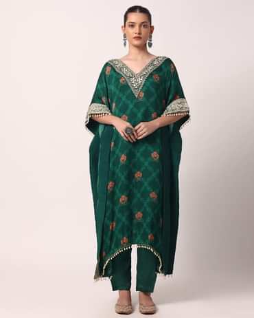 Green Pant Set With Gota Embroidered Kaftan Kurta
