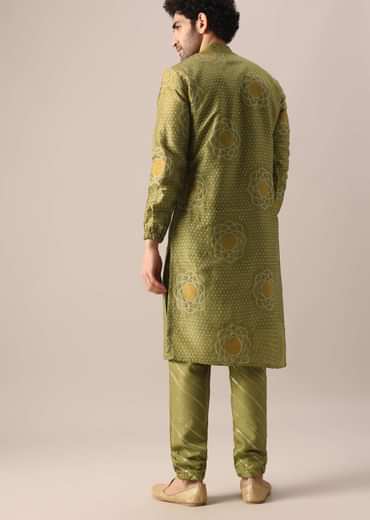Green Printed Kurta Set In Brocade