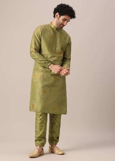 Green Printed Kurta Set In Brocade