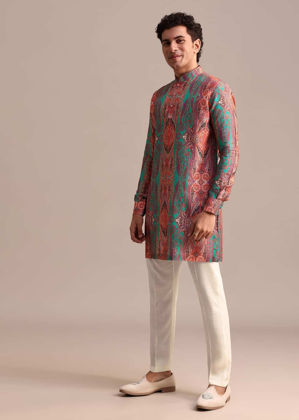 Green Printed Kurta For Men