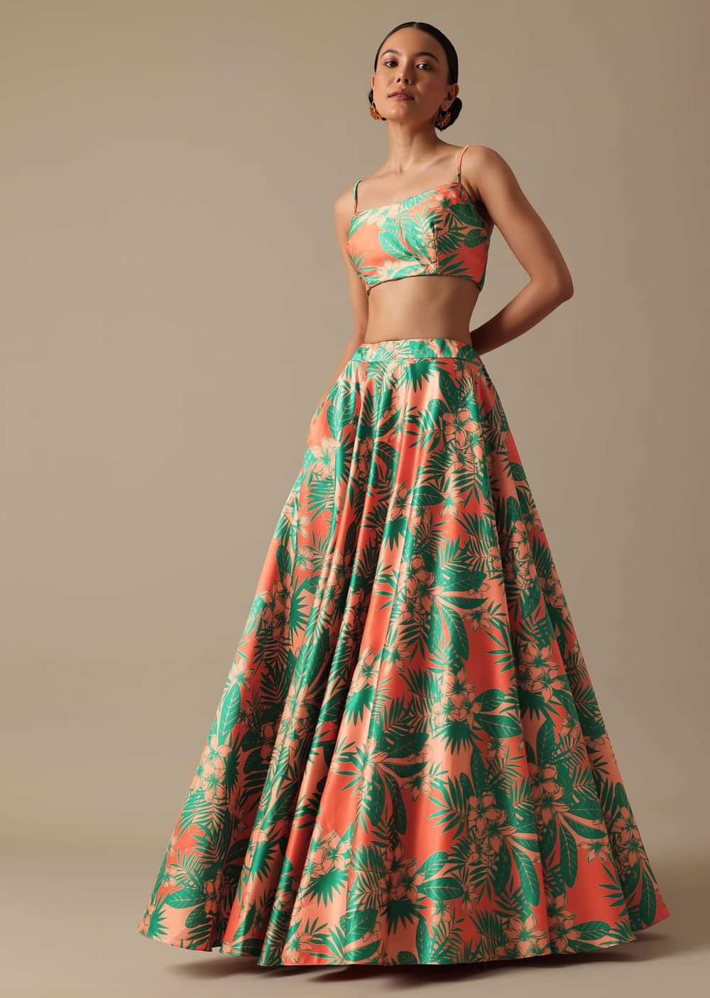 Green Printed Lehenga Set With Mirror Embellished Jacket