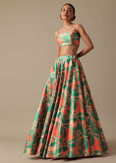 Green Printed Lehenga Set With Mirror Embellished Jacket
