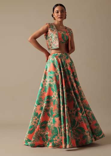 Green Printed Lehenga Set With Mirror Embellished Jacket
