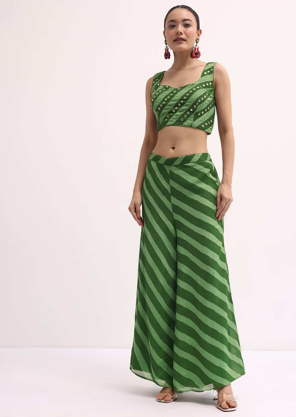 Green Printed Palazzo Set With Jacket