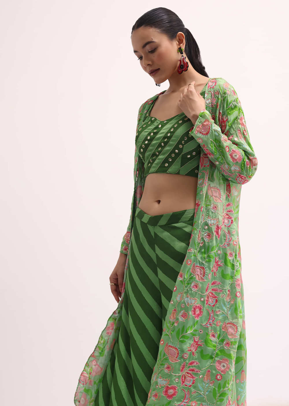 Green Printed Palazzo Set With Jacket